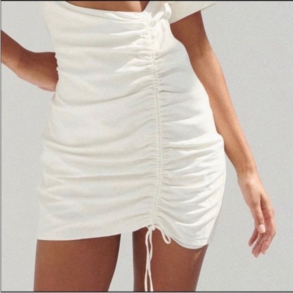 Zara Linen Blend Cut Out Ruched White Mini Dress Bloggers Fav - Picture 10 of 11